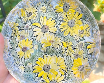 Black Eyed Susans 8 inch Stoneware Hand- Built Hand-painted Plate one-of-a-kind