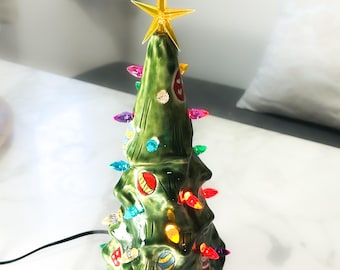 Light Up Ceramic Holiday Tree Hand-built Stoneware with Hand Drawn Ornaments OOAK
