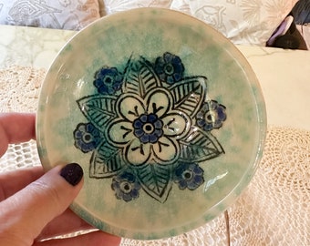 Mandala Blue Crackle Stoneware Dish Hand Built one-of-a-kind