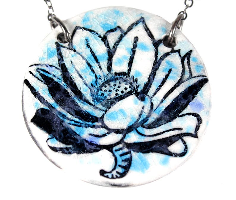 Big Lotus Ceramic Necklace with Chain image 1