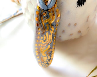 Aztec Inspired Drop Pendant Ceramic Necklace with 22k Gold Details and Braided Cord