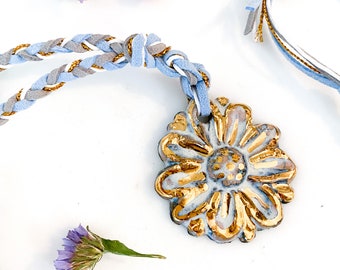 Stoneware Daisy Pendant with Real Gold Luster and Braided Cord