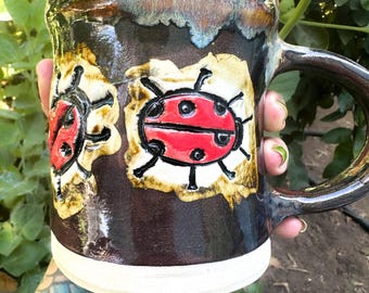 Ladybug One of A Kind Hand-built Stoneware Mug 16 oz