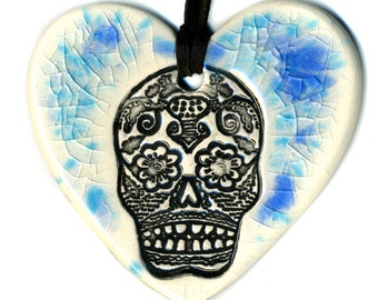 Day of the Dead Heart Necklace in Spotted Blue Crackle