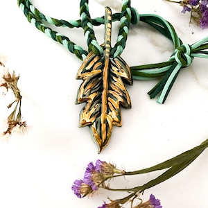 Stoneware Leaf Statement Necklace  with Real Gold and Braided Cord