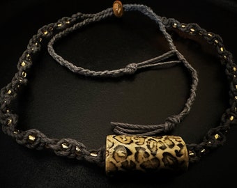 Leopard Print Barrel Bead with Adjustable Spiral Macrame Cord Choker or Long