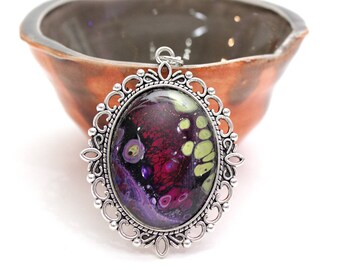 Upcycled Made with Paint Large Pendant in Maroon and Green Scales