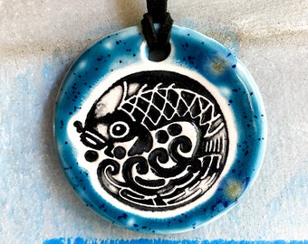 Koi Fish Ceramic Necklace in Speckled Blue