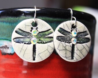 Hand-Painted Ceramic Dragonfly Earrings, Sterling Silver Posts