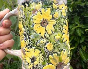 Large 32 oz Black Eyed Susan One of A Kind Hand-built Stoneware Mug