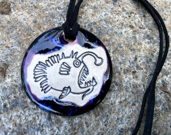 Anglerfish Ceramic Necklace in Purple and Black