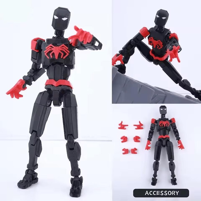 May include: A black and red articulated action figure featuring a spider emblem on the chest, white eye lenses, and multiple interchangeable hand attachments. The figure is shown in various poses, including a dynamic stance and a crouched position.