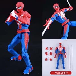 May include: A posable Spider-Man action figure featuring a red and blue suit with a white spider emblem on the chest. The set includes the figure, three pairs of interchangeable hands, and two white web accessories, all displayed against a dark background.