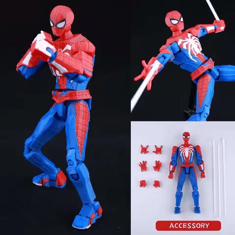 May include: A posable Spider-Man action figure featuring a red and blue suit with a white spider emblem on the chest. The set includes the figure, three pairs of interchangeable hands, and two white web accessories, all displayed against a dark background.