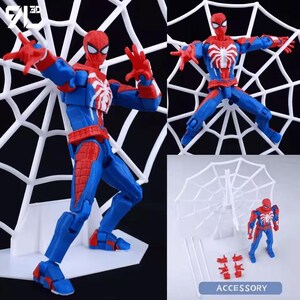 May include: A posable action figure featuring a red and blue suit with a white spider emblem on the chest. The figure includes a white plastic web backdrop, interchangeable hands, and two thin white rods. The logo 3D is visible in the corner.