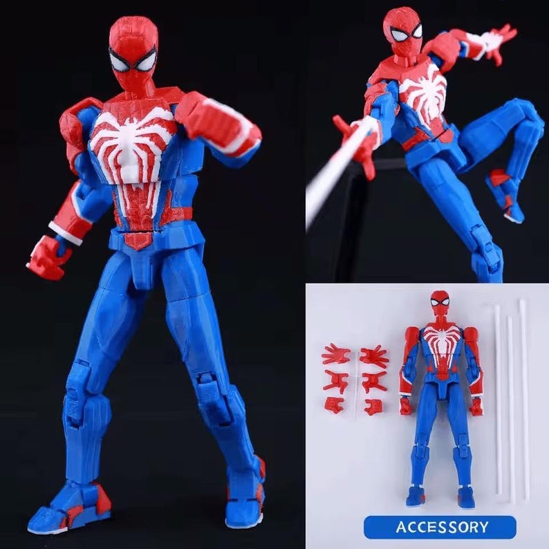 May include: A posable action figure of a superhero character featuring a red and blue suit with a prominent white spider emblem on the chest. The set includes the figure, multiple interchangeable hand attachments, and long white web-like accessories.