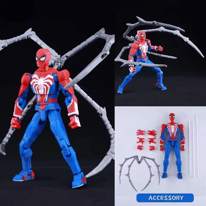 May include: A posable action figure of a character in a red and blue suit with a white spider emblem on the chest. The figure includes four articulated grey mechanical spider legs, interchangeable hands, and two long white rods as accessories.