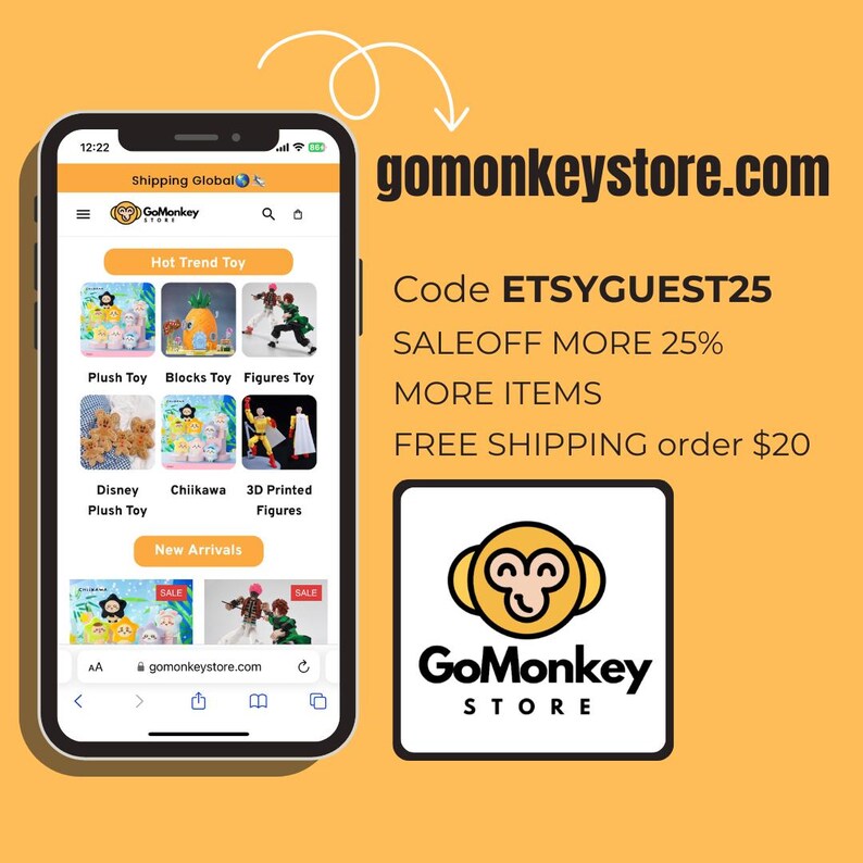 May include: A smartphone displaying the gomonkeystore.com website with a grid of toy categories including plush, blocks, and figures. Text on the right includes the website URL, the discount code ETSYGUEST25, and the GoMonkey Store logo.