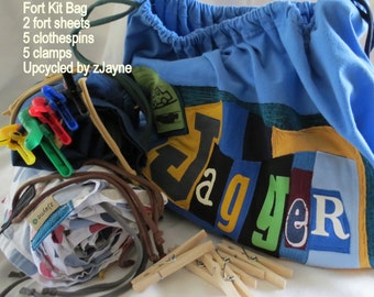 Upcycled FORT Kit Drawstring Bag SET Personalized ONE Bag Two Sheets Five Clothespins Five Clamps