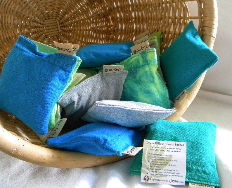 Natural green Dryer Sachet Sheet Alternative pillows SET of THREE 100% upcycled from tShirt materials image 1