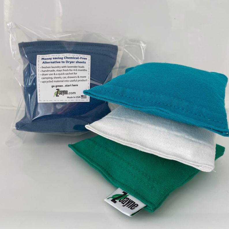 Natural green Dryer Sachet Sheet Alternative pillows SET of THREE 100% upcycled from tShirt materials image 5