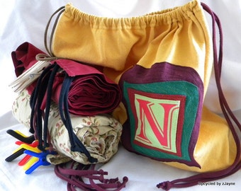 Fort Kit Upcycled Initial Drawstring Bag SET Personalized ONE Bag Two Sheets Five Clothespins Five Clamps