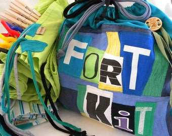 Build a Fort Kit Upcycled Drawstring Bag SET Personalized ONE Bag Two Sheets Five Clothespins Five Clamps