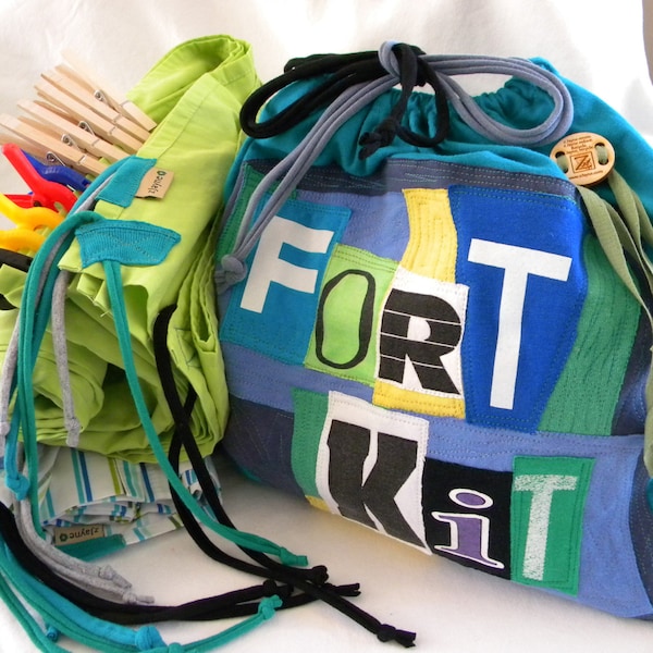 Build a Fort Kit Upcycled Drawstring Bag SET Personalized ONE Bag Two Sheets Five Clothespins Five Clamps