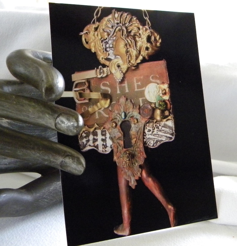 She's Come Undone Original Art Postcard Print Art Assemblage by zJayne renew for 2020 image 1