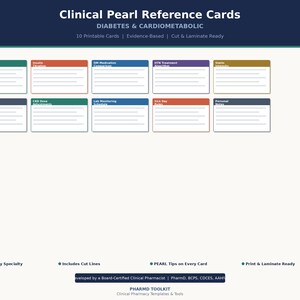May include: A graphic featuring "Clinical Pearl Reference Cards" for diabetes and cardiometabolic health. The cards are color-coded and include topics like "A1C to a1c" and "Sick Day Rules." The text indicates the cards are evidence-based and ready to print.
