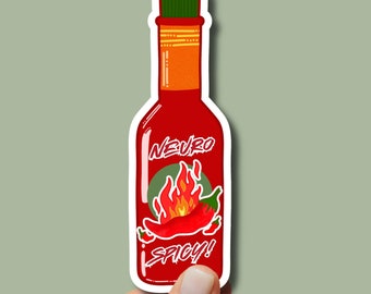 May include: A red hot sauce bottle sticker with a white label that says "Neuro Spicy!" and a cartoon image of a red chili pepper with flames.