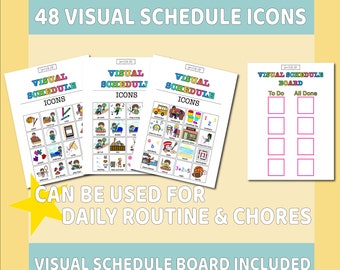 May include: A set of 48 colorful visual schedule icons for kids. The icons include activities like getting dressed, eating breakfast, playing, and more. A visual schedule board is also included.