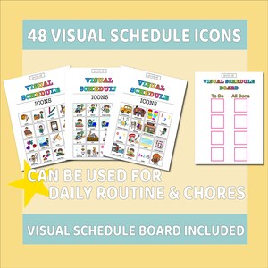 May include: A set of 48 colorful visual schedule icons for kids. The icons include activities like getting dressed, eating breakfast, playing, and more. A visual schedule board is also included.