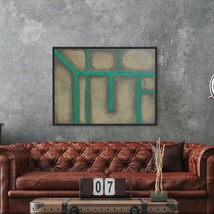 Puede incluir: Pintura abstracta con un diseño geométrico. La pintura presenta un fondo marrón con líneas verdes que forman un patrón de cuadrícula. La pintura está enmarcada en negro.