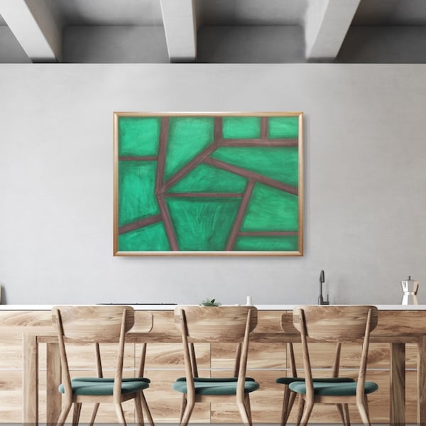 Guideline. A large, green and violet geometric abstract, rendered in acrylic, embodies contemporary originality as wall art.