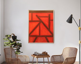 Instructie. Een groot, rood en bruin geometrisch abstract, weergegeven in acryl, belichaamt hedendaagse originaliteit als kunst aan de muur.