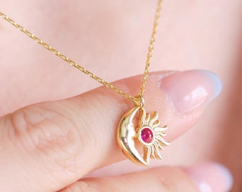 Sun and Moon Gemstone Necklace: Celestial Charm, Gold, Silver, Rose Gold