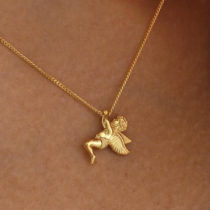 14K Solid Gold Guardian Angel Necklace: Religious Charm Pendant