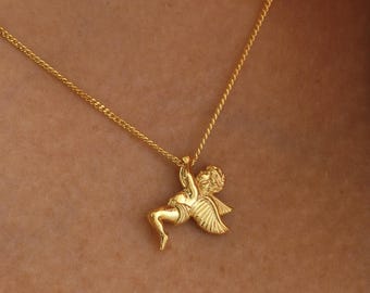 14K Solid Gold Guardian Angel Necklace: Religious Charm Pendant