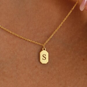 May include: A gold necklace with a rectangular pendant. The pendant has the letter "S" in the centre. The necklace is around the neck, and the chain is visible. The background is blurred.