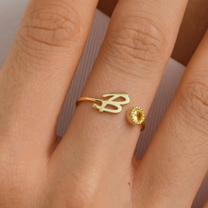 Sterling Silver Initial Ring Adjustable Birthstone Ring Personalized Gift For Her Custom Solitaire Letter Ring Handmade Anniversary Jewelry