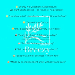 May include: A turquoise background with white text promoting a jewelry brand. The text includes phrases like "Handmade & Custom Made," "Crafted Just for You," and "Support a Small Business."