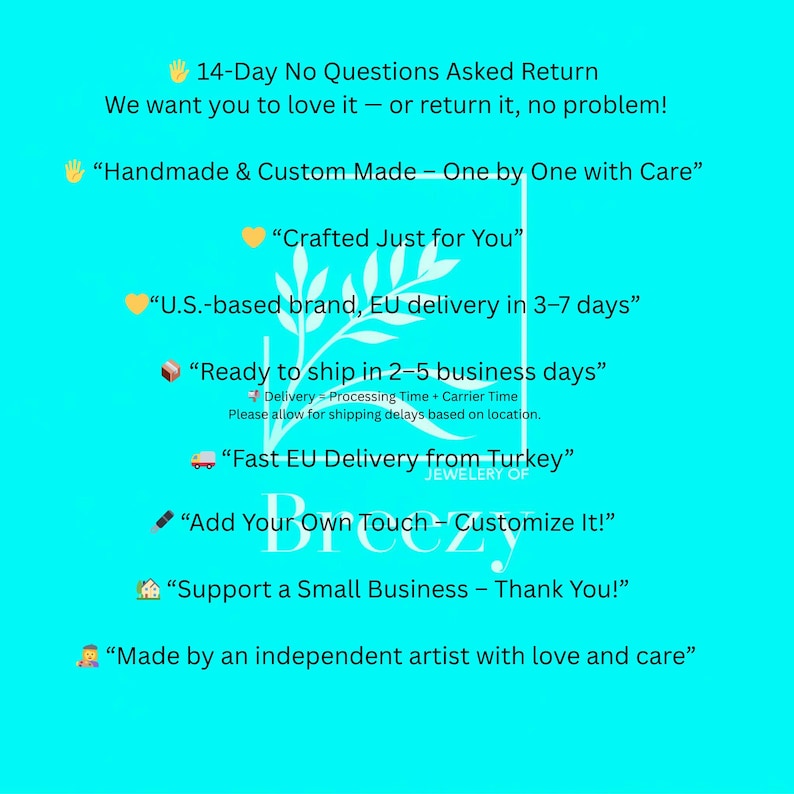 May include: A turquoise background with white text promoting a jewelry brand. The text includes phrases like "Handmade & Custom Made," "Crafted Just for You," and "Support a Small Business."