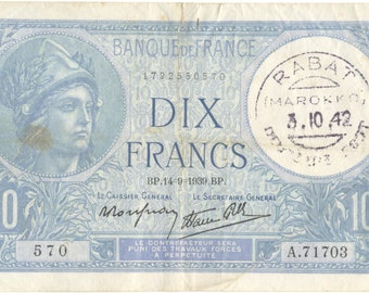 Billete Francia - 10 Francs - 1916 - Deutsch post - Rabat Marokko 1942 - escaneo