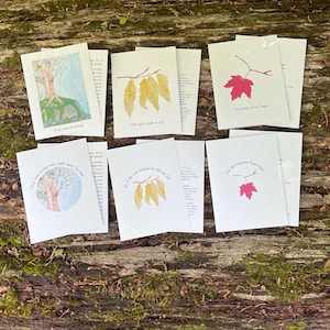 Set van 6: blanco wenskaarten uit de Tree-serie, originele aquarelillustraties en poëzie geïnspireerd op de flora en fauna van de Witte Bergen