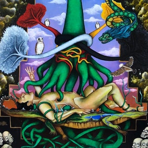 May include: A surreal painting featuring a large green tree with a rainbow arch above it. The tree's roots are intertwined with a human figure and a green snake. The background shows a dark blue sky with clouds and stars.