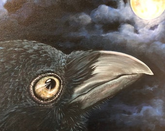 RITUAL Crow and Full Moon Original Oil Painting 12"x12" on canvas