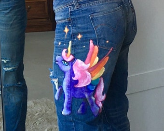 LILAC SPARKLE Unicorn Pegasus hand painted Distressed Bold Curve skinny jeans Levis W 28 L 30