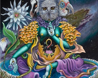 Green Tara archival giclee print embellished with 24kt gold leaf on paper 11”x 14”