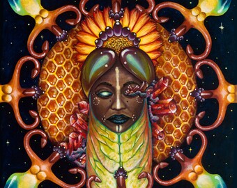 Queen Bee Original Oil and Egg Tempera Painting on Canvas 12" x 12"